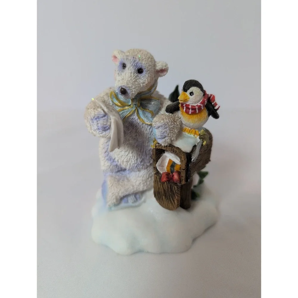 Vintage Polar Bear & Penguin Checking Mail Box Reading Christmas Tree Figurine